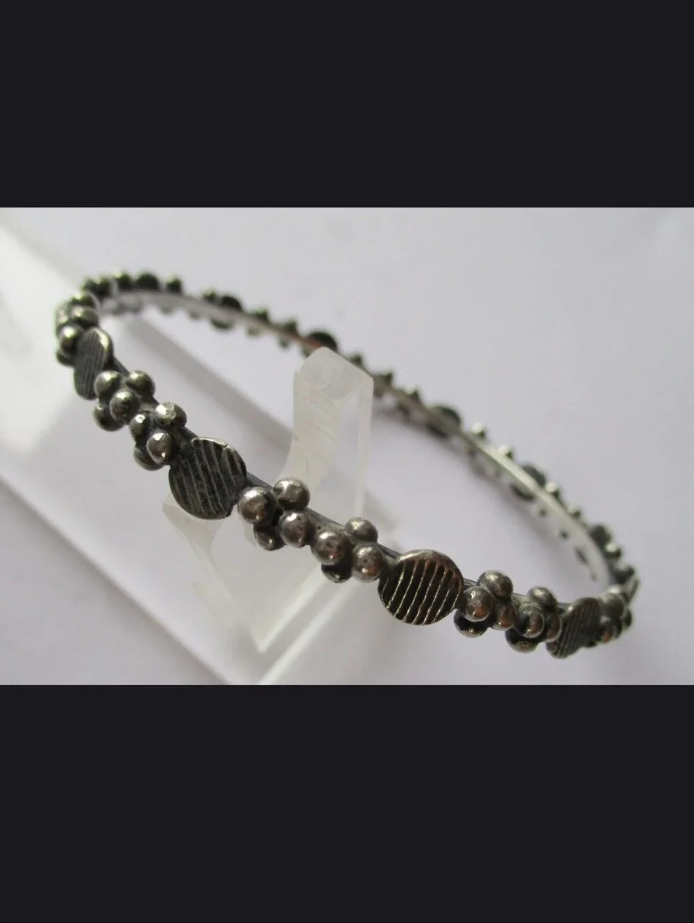 Tribal Silver Textured Beaded Bangle - Silver
